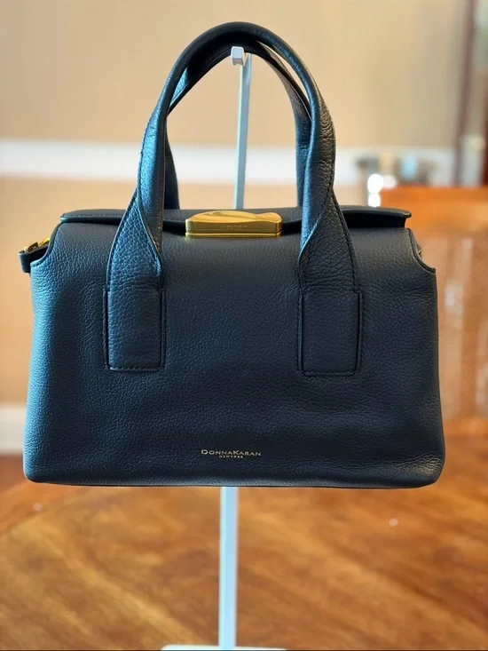 NWT Donna Karan Amagansett Black Leather Satchel w/ Jewelry like closure. - Picture 3 of 16